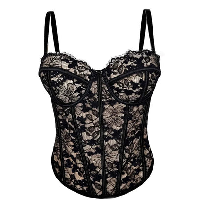 Gothic Floral Lace Women's Overbust Boned Corset Top with Sheer Mesh