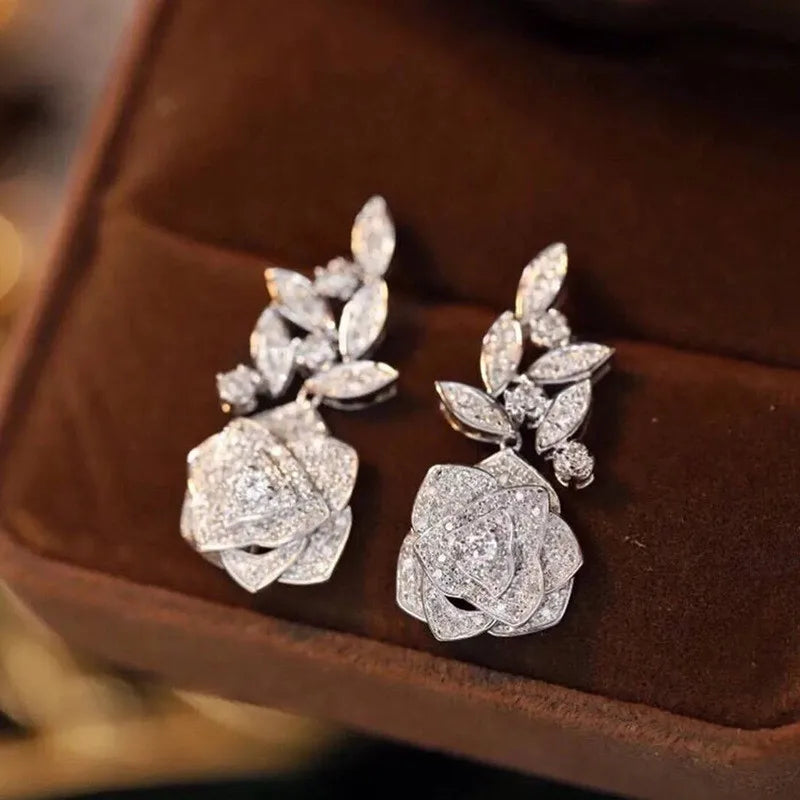 925 Sterling Silver Rose & Leaves Cubic Zirconia Women's Floral Drop Earrings