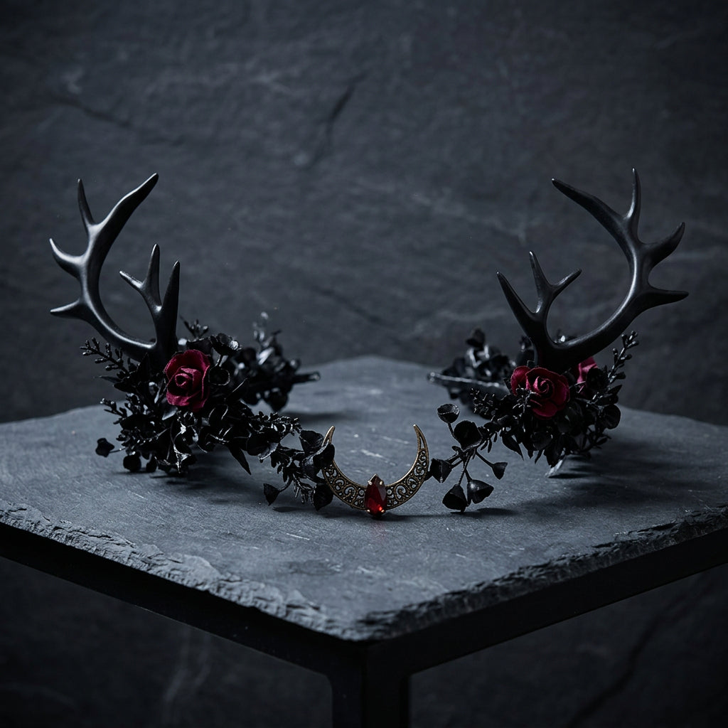 black antler crown, deer antler headpiece, woodland witch crown, gothic forest headpiece, dark fairy crown, witch headdress, forest witch accessories, woodland goddess crown, dark fae headpiece, nature inspired crown, Renaissance faire headpiece, druid costume crown, pagan inspired headpiece, forest nymph crown, healer costume accessory, handfasting headpiece, gothic floral crown, black deer horns, fantasy antler crown, woodland wedding crown
