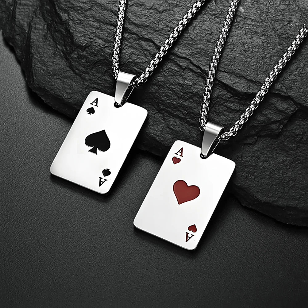 Men’s Silver Ace of Spades or Hearts Playing Card Pendant Necklace | Poker Jewelry