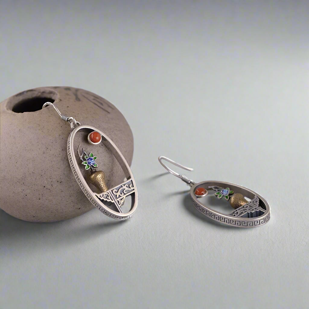 S925 Sterling Silver Handmade Flower Vase Vintage Window Frame Drop Earrings - Lovez Aqua© - 