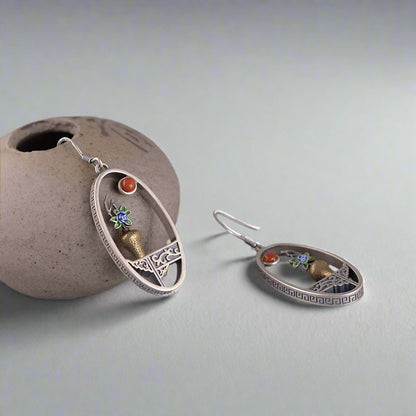 S925 Sterling Silver Handmade Flower Vase Vintage Window Frame Drop Earrings - Lovez Aqua© - 