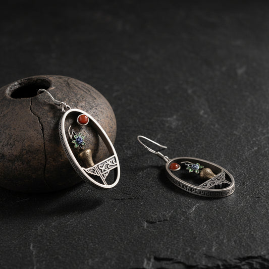 S925 Sterling Silver Handmade Flower Vase Vintage Window Frame Drop Earrings - Lovez Aqua© - 