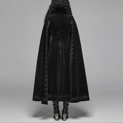 Luxury Gothic Black Embroidered Trench Coat Style Cloak with Fur Trim & Cape Sleeves