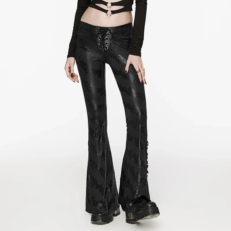 Women's Dark Red & Black Gothic Floral Jacquard Embroidered Metallic Lace-Up Flared  Pants