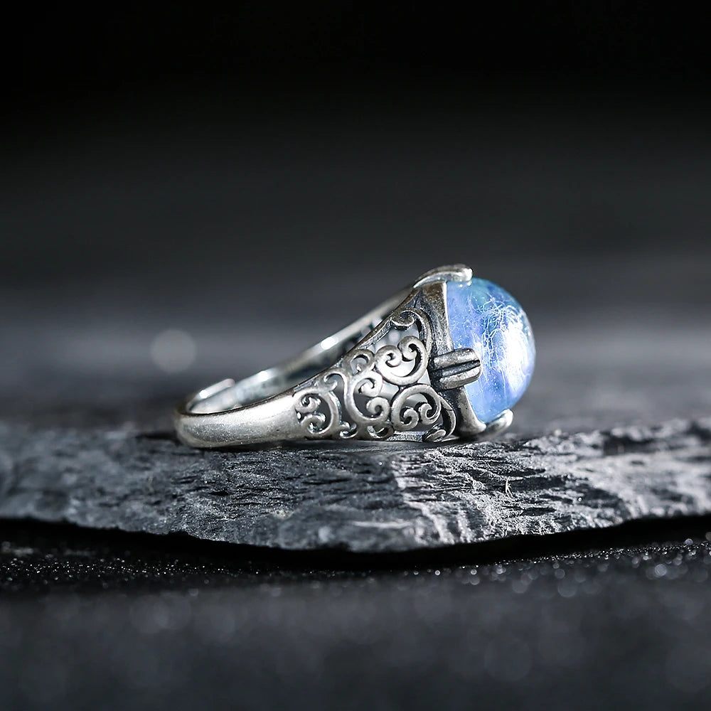 Vintage S925 Sterling Silver Natural Aquamarine Oval Engraved Unisex Ring