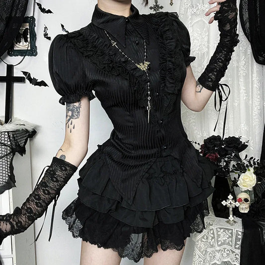 Women's Gothic Striped Button Short Puffy Sleeves Blouse Shirt with Lapel Collar