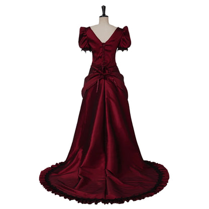 Gothic Victorian Dark Red & Black Evening Gown with Lace Appliqué & Cap Sleeves