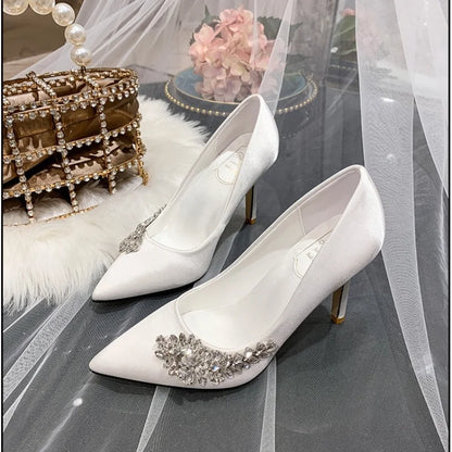 Satin Pointed Toe Bridal Wedding Thin High Heels with Side Rhinestones