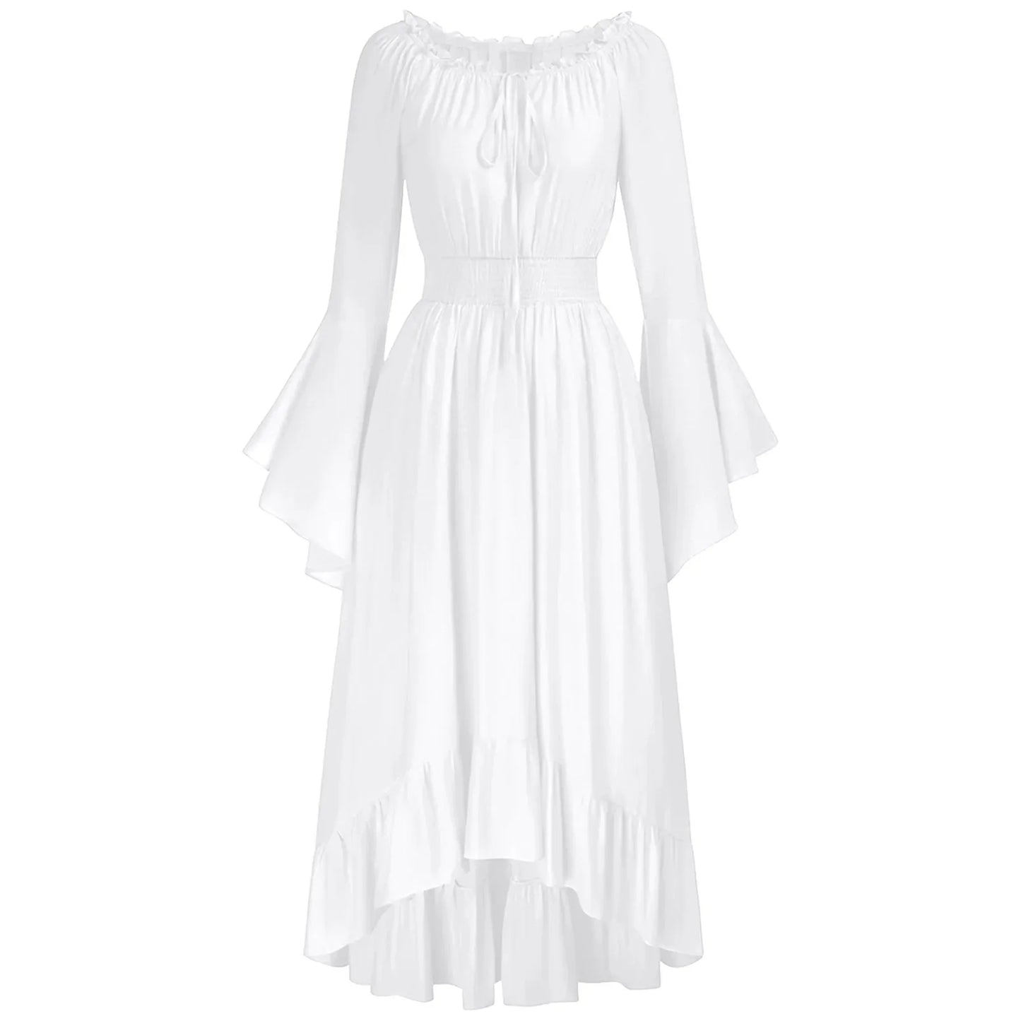 Vintage Medieval Renaissance Women's Maxi A-Line Dress with Long Flared Sleeves & Lace Collar