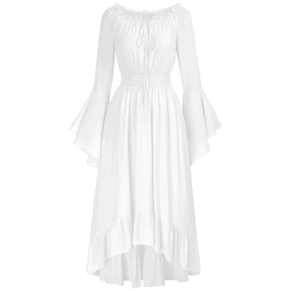 Vintage Medieval Renaissance Women's Maxi A-Line Dress with Long Flared Sleeves & Lace Collar