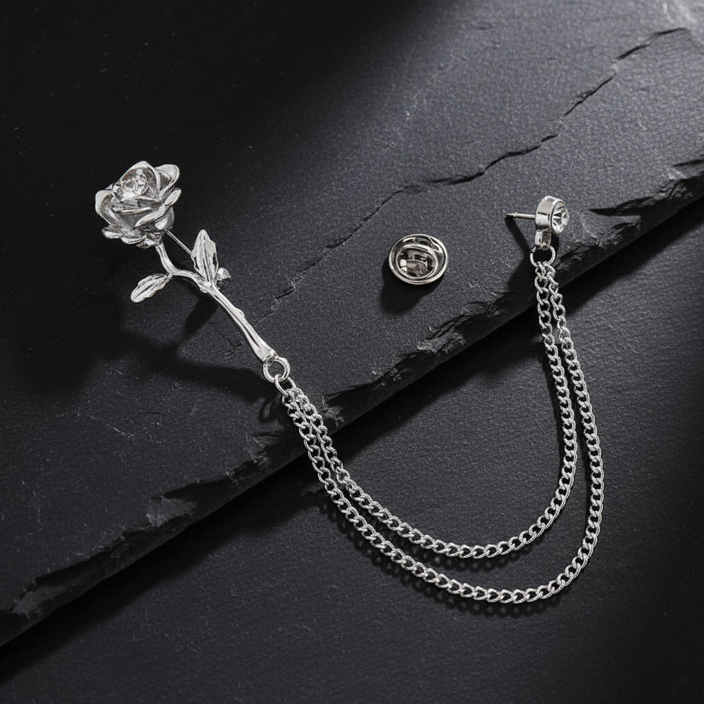 Men’s Ornate Fantasy Rose Rhinestone Chain Lapel Pin Brooch