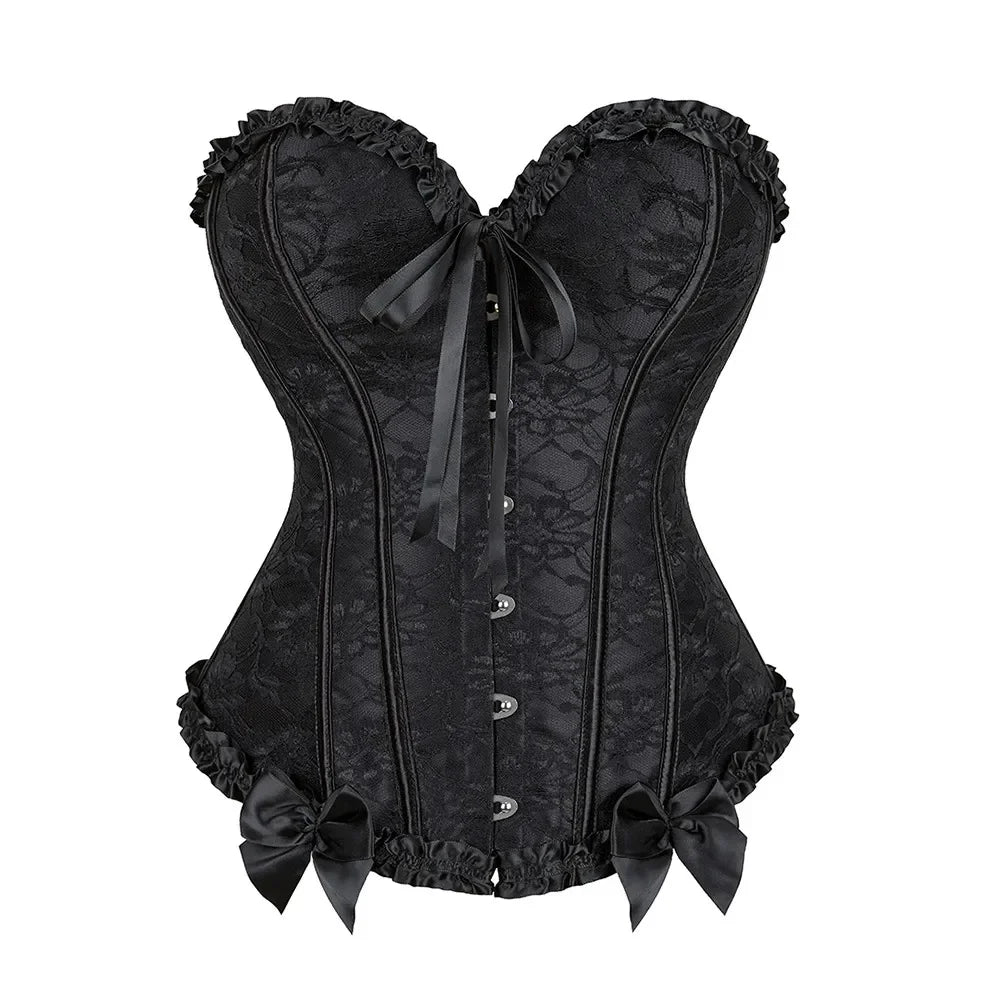 Gothic Victorian Floral Jacquard Boned Bustier Corset Top with Satin Trim