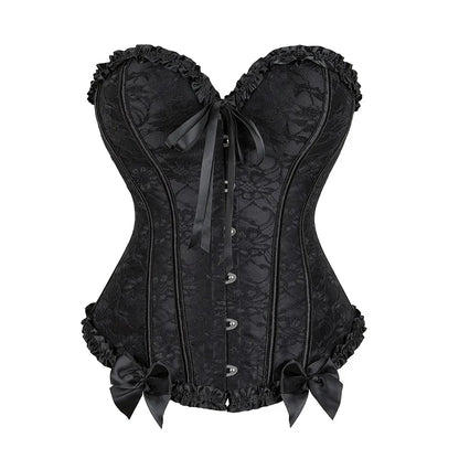 Gothic Victorian Floral Jacquard Boned Bustier Corset Top with Satin Trim