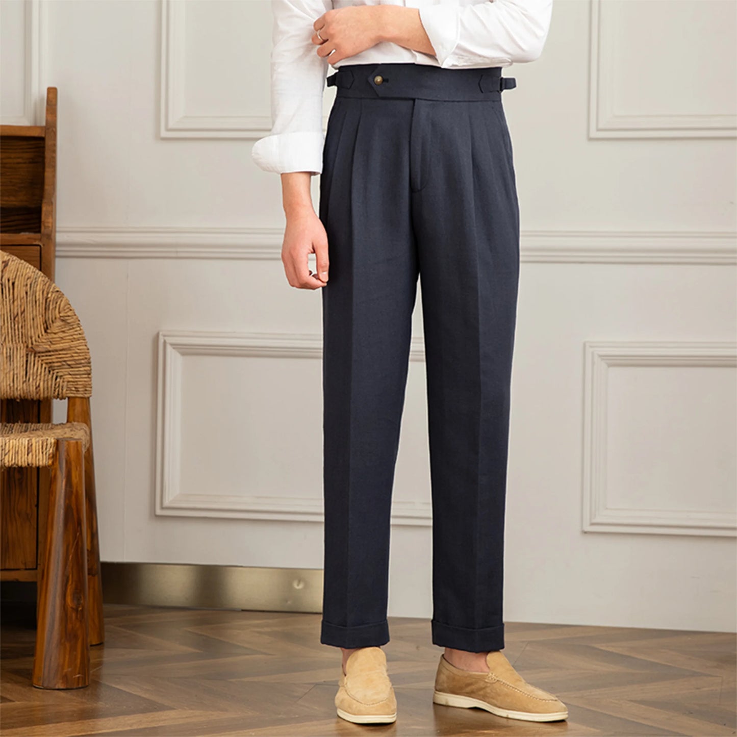 men's linen trousers, linen cotton trousers, pleated trousers, double pleated trousers, men's tapered trousers, tailored trousers, vintage trousers, vintage menswear, men's tailored pants, linen pants men, cotton linen pants, pleated pants men, tapered pants men, classic trousers, heritage menswear, romantic menswear, old world clothing, vintage inspired clothing, neutral trousers, beige trousers, cream trousers, men's dress trousers, smart casual trousers, extended waistband trousers, cuffed trousers