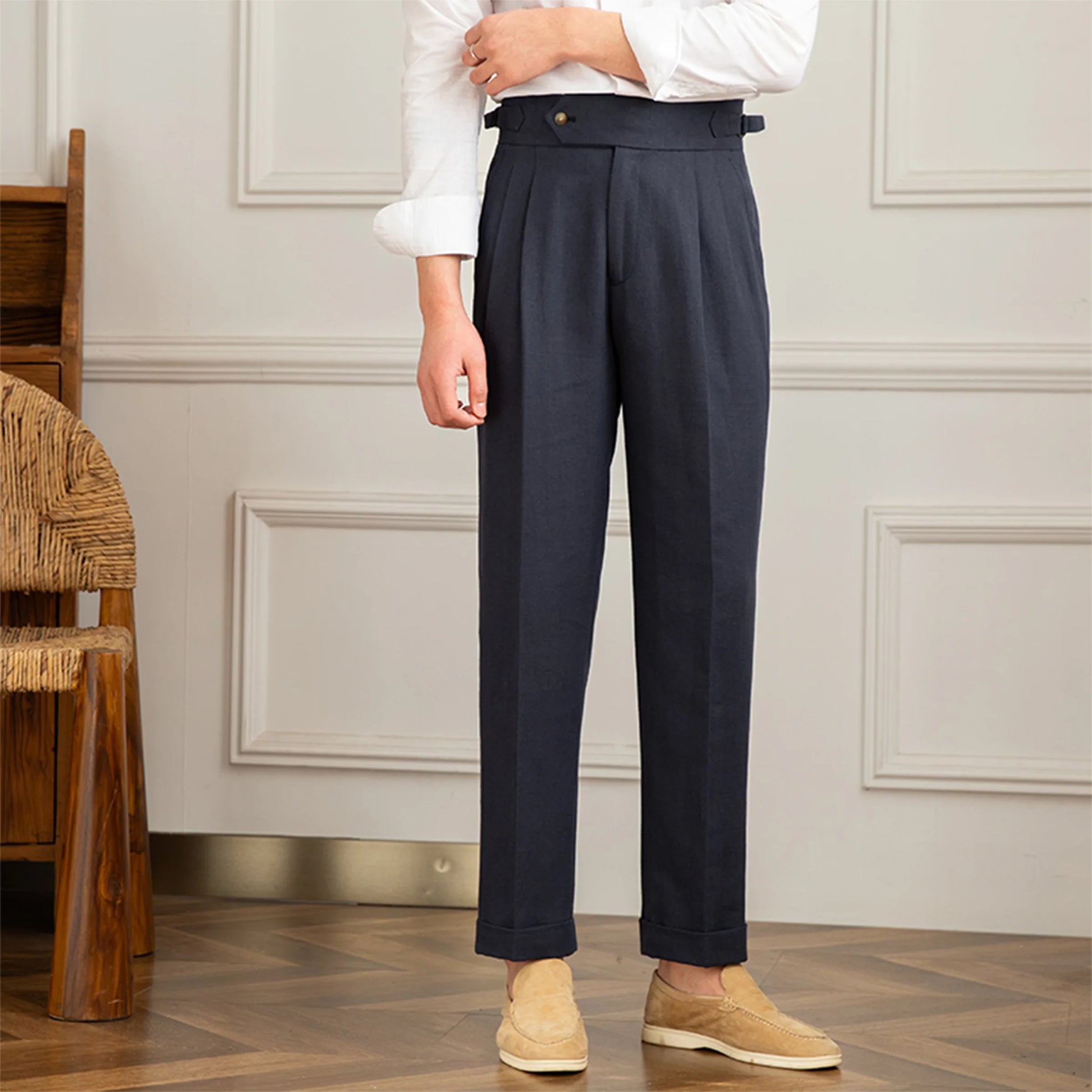men's linen trousers, linen cotton trousers, pleated trousers, double pleated trousers, men's tapered trousers, tailored trousers, vintage trousers, vintage menswear, men's tailored pants, linen pants men, cotton linen pants, pleated pants men, tapered pants men, classic trousers, heritage menswear, romantic menswear, old world clothing, vintage inspired clothing, neutral trousers, beige trousers, cream trousers, men's dress trousers, smart casual trousers, extended waistband trousers, cuffed trousers