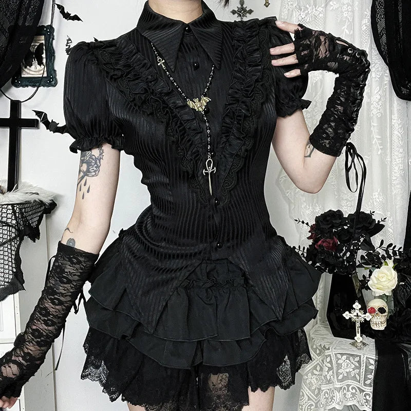 Women's Gothic Striped Button Short Puffy Sleeves Blouse Shirt with Lapel Collar