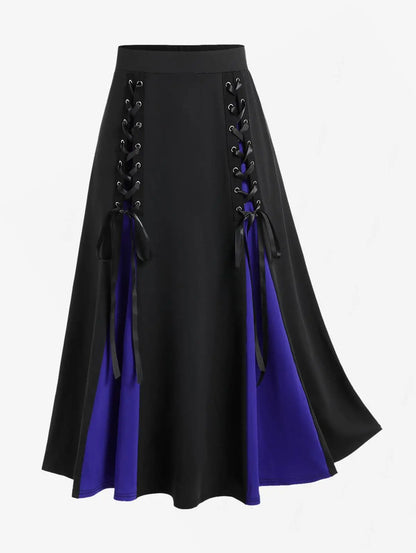 Victorian Gothic Women's Lace-Up A-Line Skirt with Elegant Godet Panels