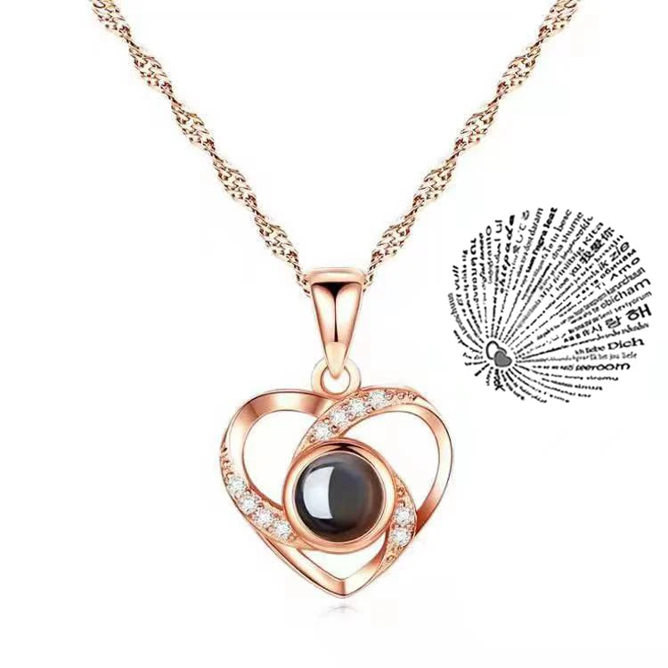 Romantic Love Heart Necklace 100 Languages I Love You Projection Necklace - Lovez Aqua© - Rose Gold Jeweled Heart