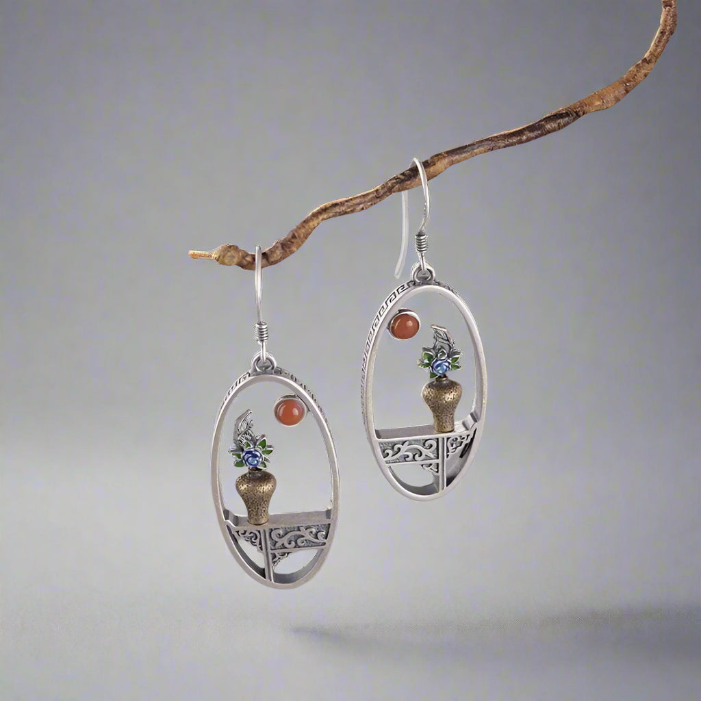 S925 Sterling Silver Handmade Flower Vase Vintage Window Frame Drop Earrings - Lovez Aqua© - 
