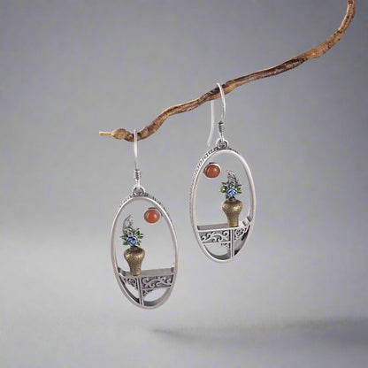 S925 Sterling Silver Handmade Flower Vase Vintage Window Frame Drop Earrings - Lovez Aqua© - 