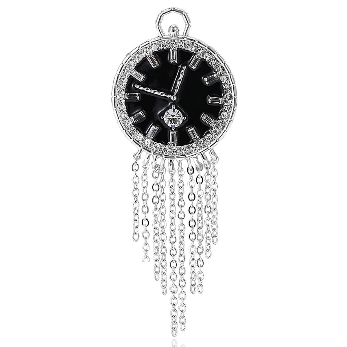 Vintage Rhinestone Clock Face Women's Tassel Brooch Pin