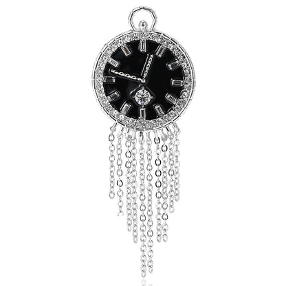 Vintage Rhinestone Clock Face Women's Tassel Brooch Pin