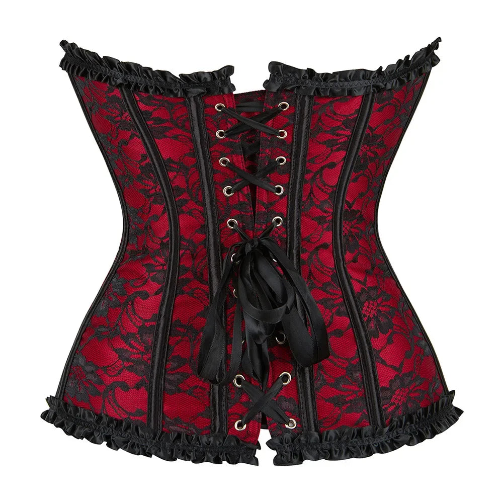 Gothic Victorian Floral Jacquard Boned Bustier Corset Top with Satin Trim