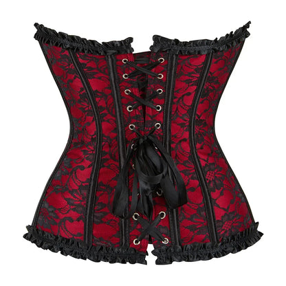 Gothic Victorian Floral Jacquard Boned Bustier Corset Top with Satin Trim