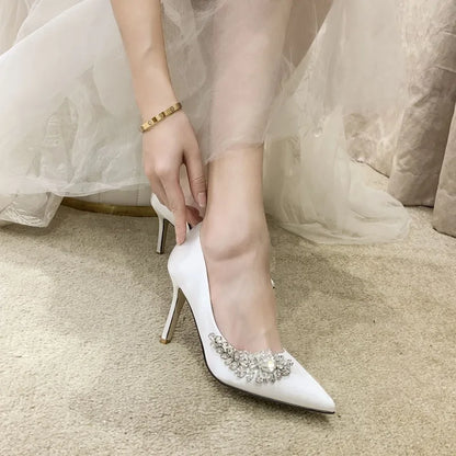 Satin Pointed Toe Bridal Wedding Thin High Heels with Side Rhinestones