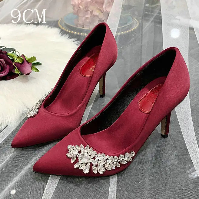 Satin Pointed Toe Bridal Wedding Thin High Heels with Side Rhinestones