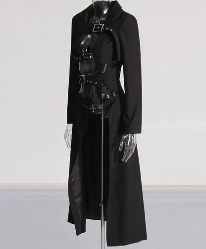 Women's Vintage Gothic Punk Black Asymmetrical Belted Long Trench Coat