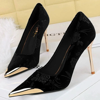 Luxury Women's Stiletto High Heels with Vintage Floral Embroidery & Metallic Pointed Toe