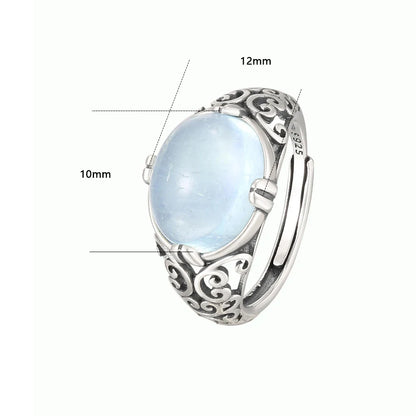 Vintage S925 Sterling Silver Natural Aquamarine Oval Engraved Unisex Ring