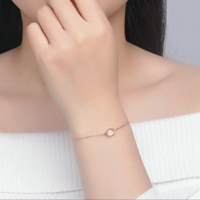 925 Sterling Silver Oval Rose Quartz 18K Gold Plated Women's Vintage Bracelet