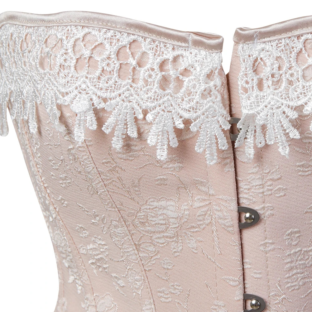 Victorian Light Pink Jacquard Overbust Boned Bustier Corset with White Lace
