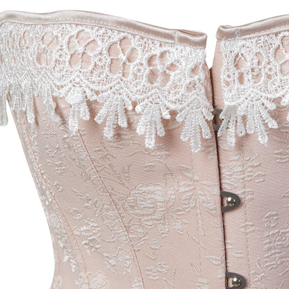 Victorian Light Pink Jacquard Overbust Boned Bustier Corset with White Lace