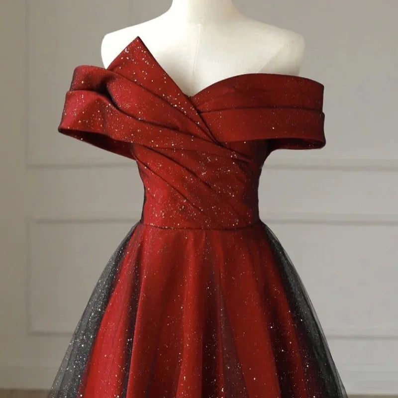 Elegant Crimson & Black Glitter Boat Neck Satin A-Line Evening Gown - Lovez Aqua© - 