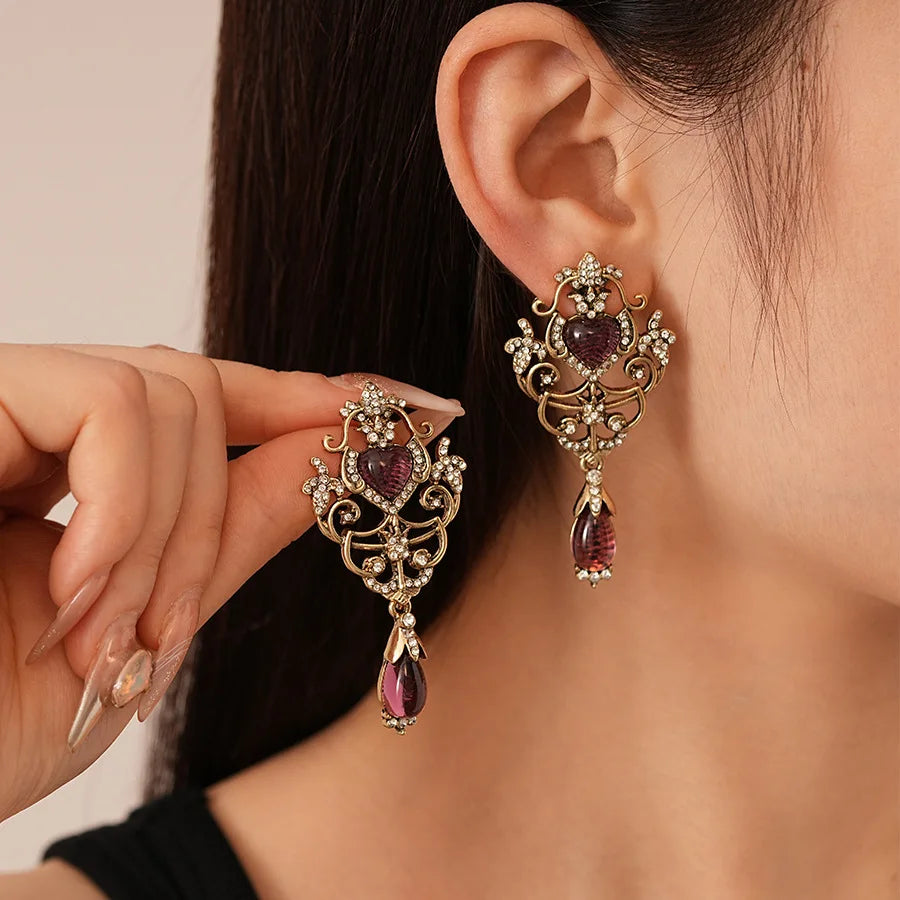 Women's Luxury Antique Gold & Light Magenta Retro Palace Dangle Earrings
