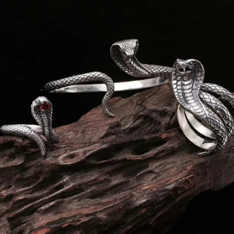 S925 Sterling Silver Punk Goth King Cobra Snake Unisex Cuff Bangle or Ring - Lovez Aqua© - 