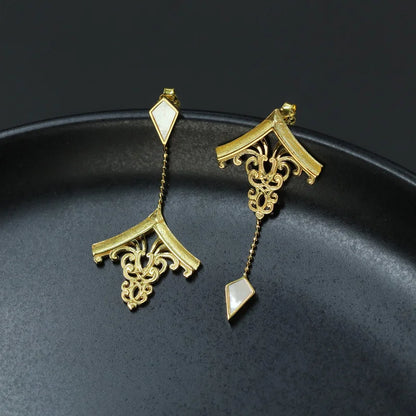 925 Sterling Silver & Mother of Pearl Chinese House Architecture Dangle Earrings - Lovez Aqua© - 
