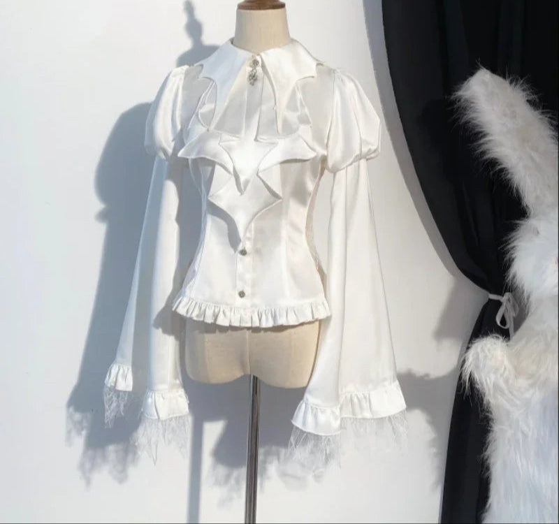 Women's Gothic Vampire Edgy Ruffled Shirt Blouse with Flared Lace Cuffed Sleeves