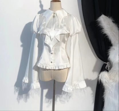 Women's Gothic Vampire Edgy Ruffled Shirt Blouse with Flared Lace Cuffed Sleeves