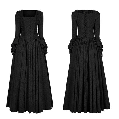 Victorian Roses & Thorns Embroidered Black Jacquard Gothic Nobility Gown with Flared Lace Sleeves