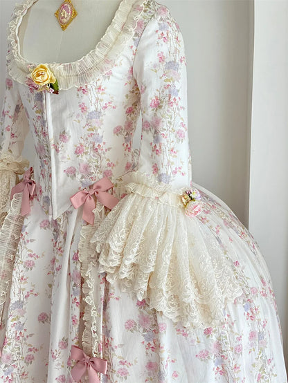 White & Pink Floral Rococo Court Dress 18th Century Inspired Ball Gown with Lace Flared Sleeves