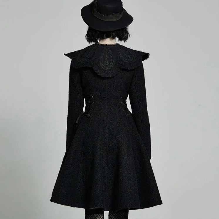 Women's Gothic Woolen Jacquard Slim Fit Winter Coat with Faux Fur Collar & Retro Rose Buttons