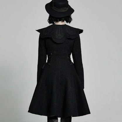 Women's Gothic Woolen Jacquard Slim Fit Winter Coat with Faux Fur Collar & Retro Rose Buttons