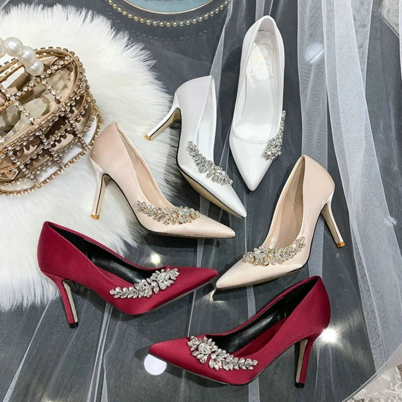 Satin Pointed Toe Bridal Wedding Thin High Heels with Side Rhinestones