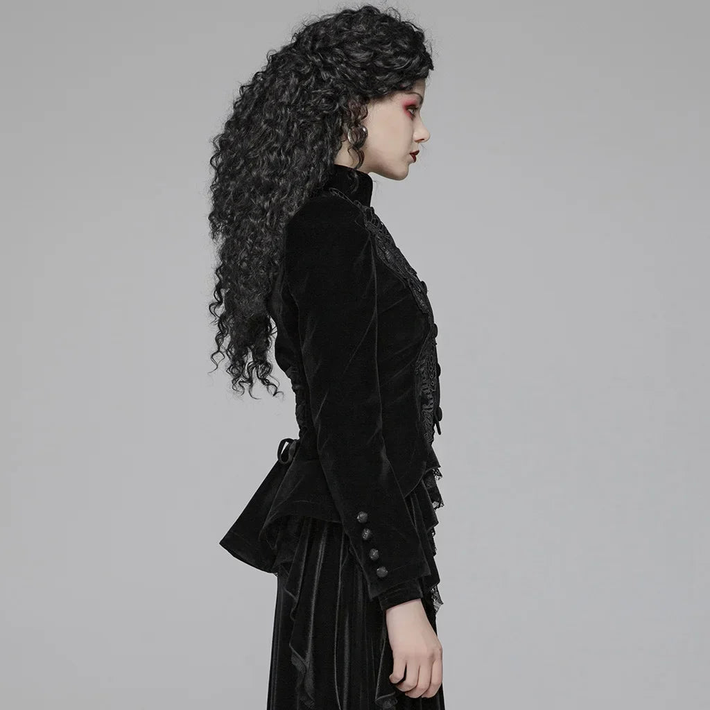 Women's Gothic Black Velvet Embroidered Victorian Short Jacket with Lace & Puffed Shoulders