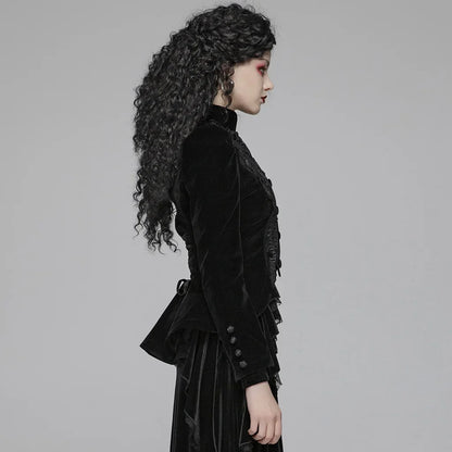 Women's Gothic Black Velvet Embroidered Victorian Short Jacket with Lace & Puffed Shoulders